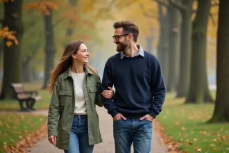 Couple se promenant dans un parc boisé du Nord de la France en automne, ambiance naturelle et détendue