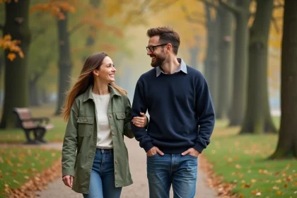 Couple se promenant dans un parc boisé du Nord de la France en automne, ambiance naturelle et détendue