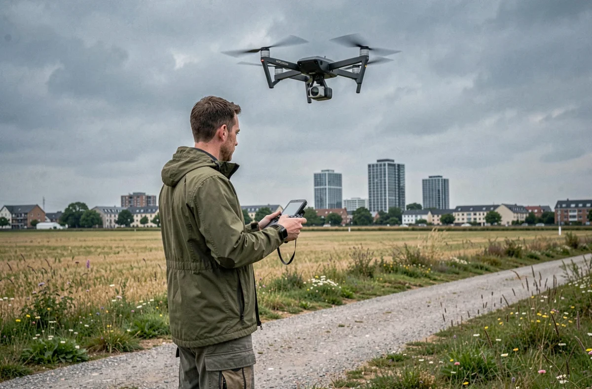 Xavier Granet pilotant son drone au-dessus des champs près de Cergy avec les tours de la ville en arrière-plan